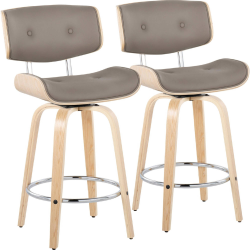 Lombardi 26" Swivel Counter Stool in Wood & Light Grey Leatherette with Chrome Footrest (Set of 2)